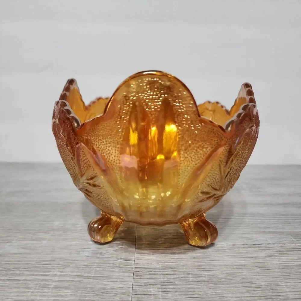 Vintage Indiana Marigold Footed Carnival Glass‎ Oval Bowl Compote Scalloped Edge